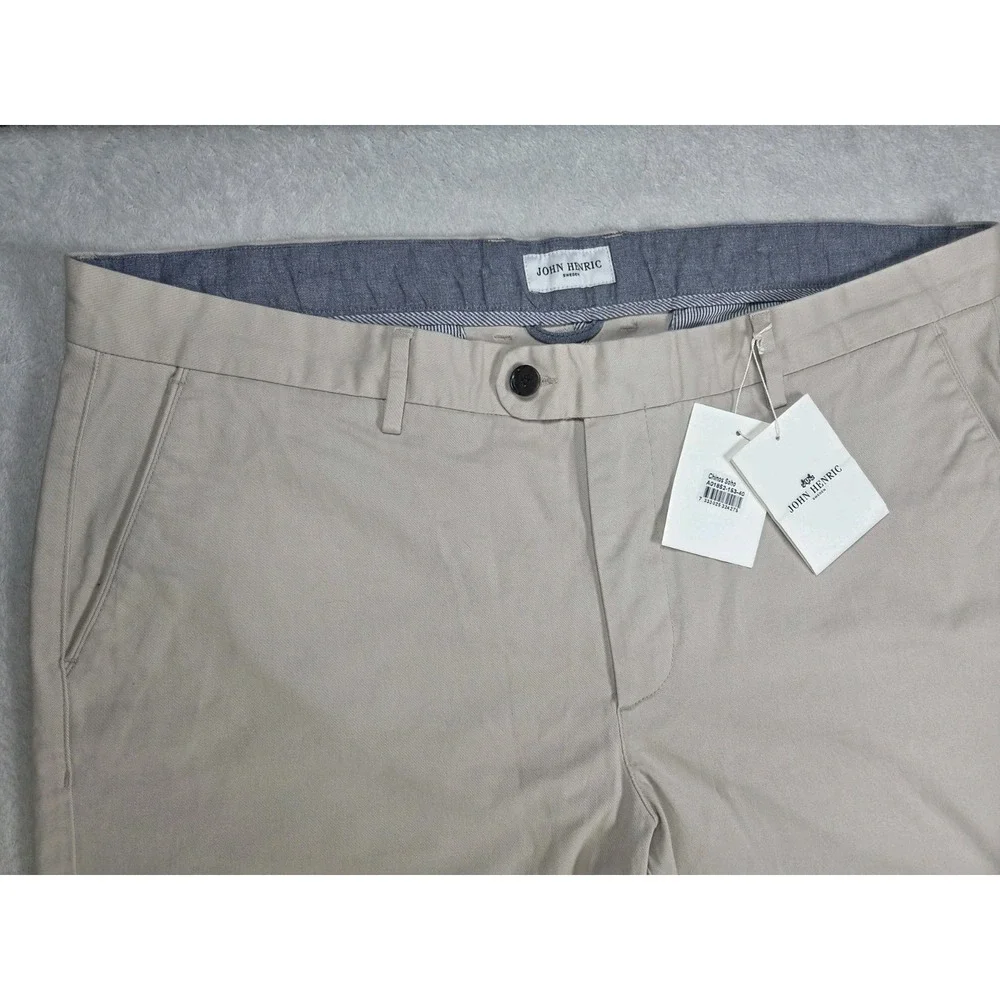 John Henric Soho Chino Pants Mens W40 L32 Beige Stretch Slim Fit Dress Casual...